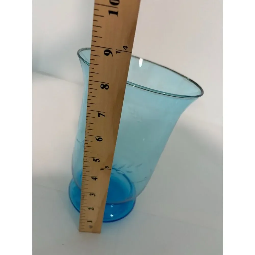 vtg aqua glass footed vase with etched floral design